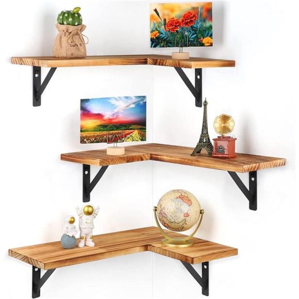Corner Floating Shelves for Wall Set of 3, Rustic Wood Wall Shelves Storage